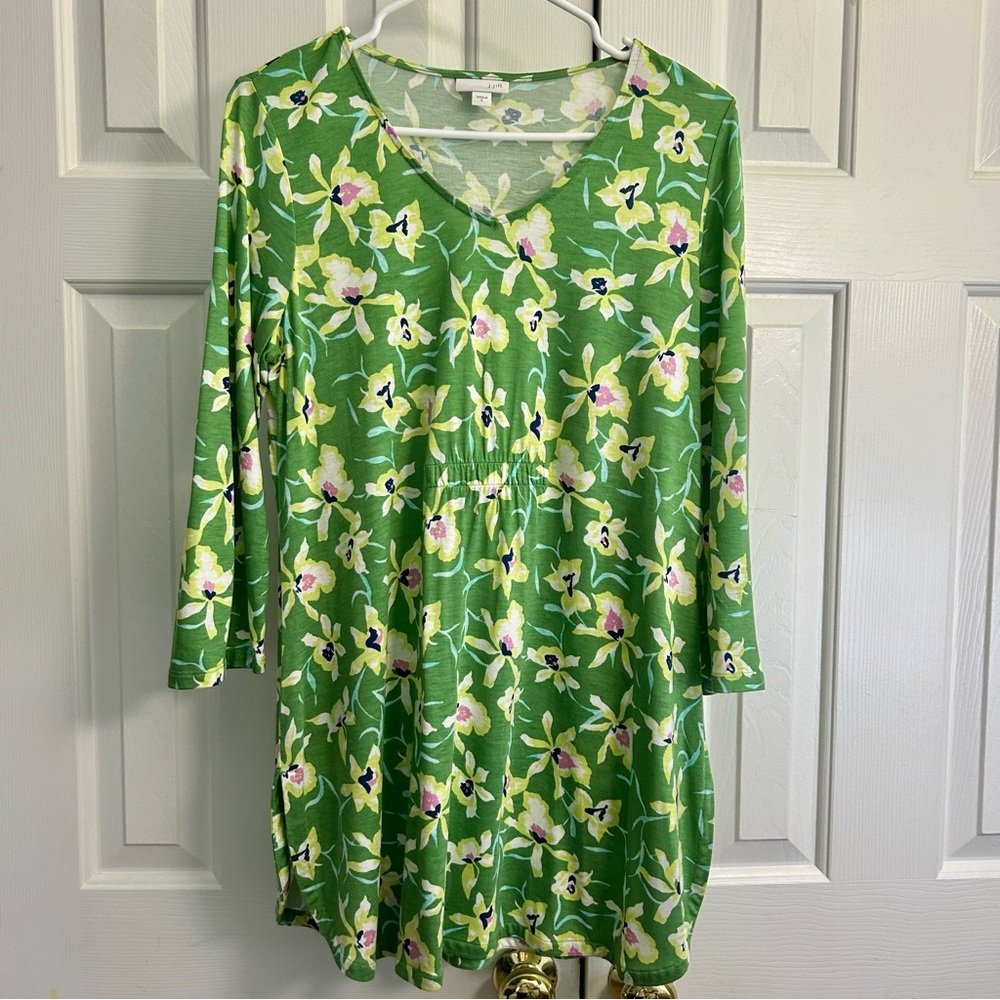 J Jill Orchid Floral Green Qtr Sleeve Lyocell Blend Women’s Top Tunic Sz S